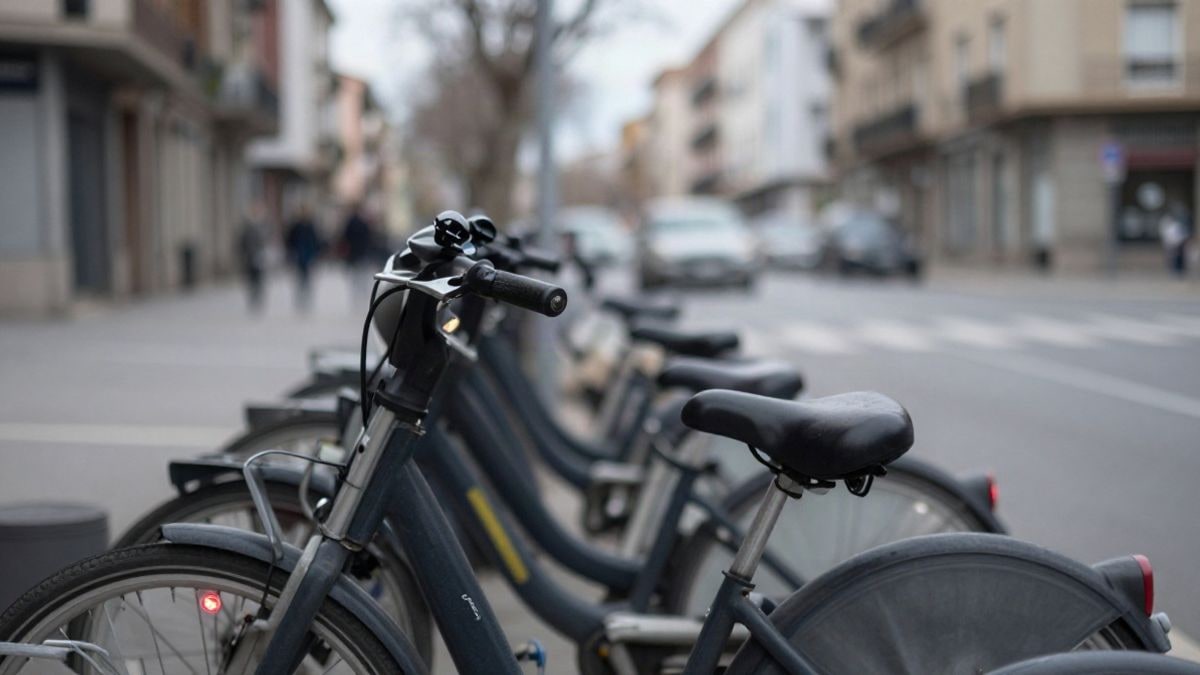 Imagen ilustrativa: detalle del manillar de una bicicleta compartida con un LED rojo encendido en una estación urbana