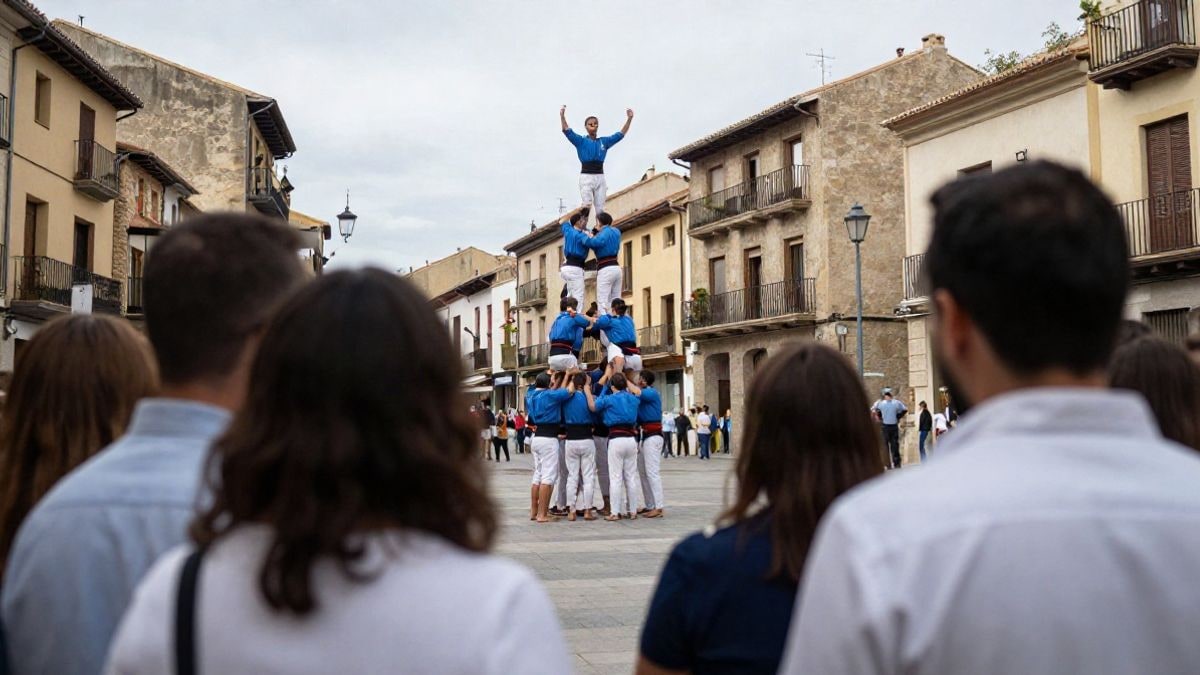 Imagen ilustrativa: una plaza de pueblo llena de gente durante una actuación castellera, con una torre humana al fondo y figuras de gegants en un lateral.