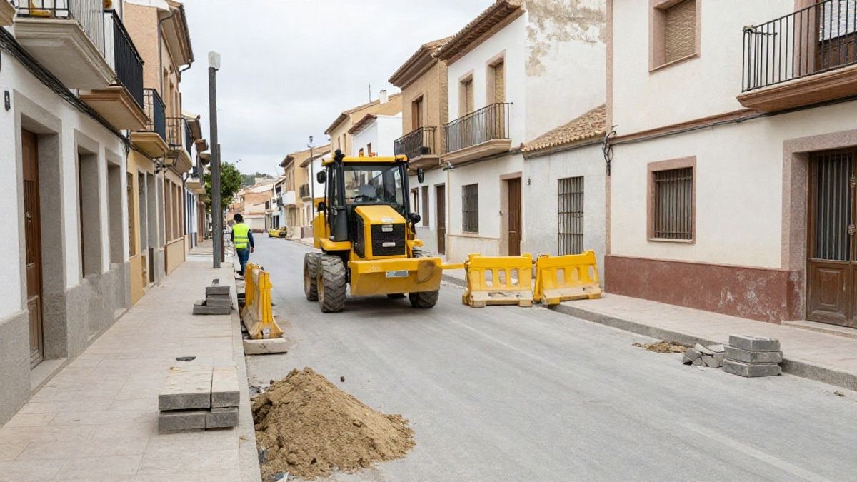 Imagen ilustrativa: obras de acera en una calle residencial con maquinaria y material de construcción, sin personas reconocibles.