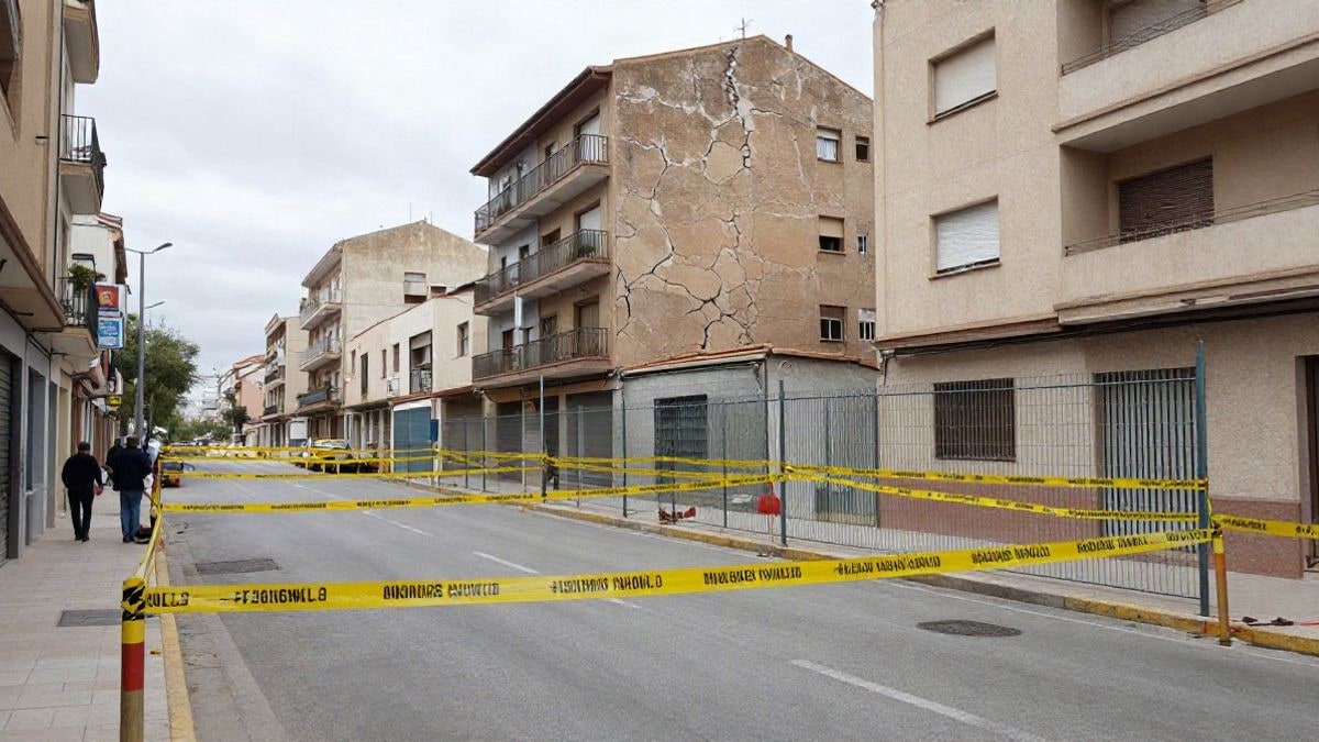 Imagen ilustrativa: calle de un barrio residencial con un socavón cercado y edificios con grietas