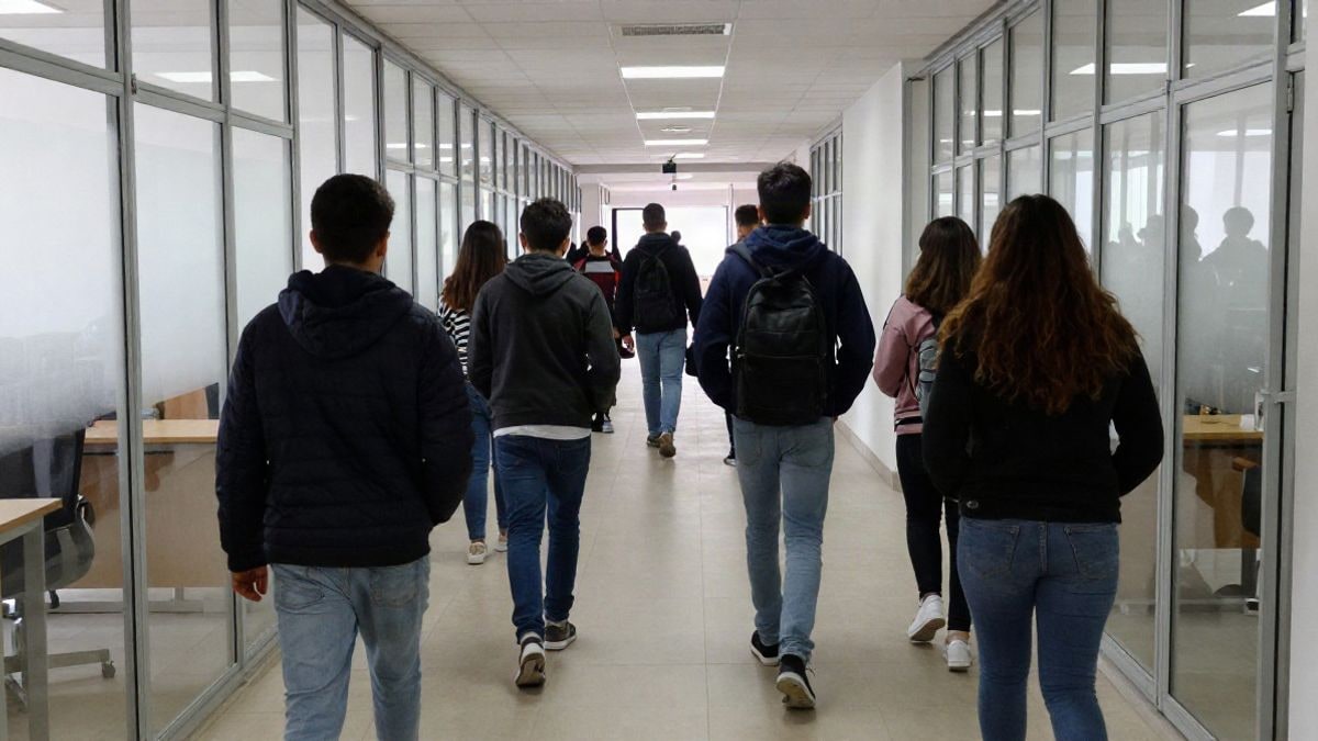 Imagen ilustrativa: un grupo de estudiantes camina por un pasillo de oficinas municipales modernas, visto de espaldas