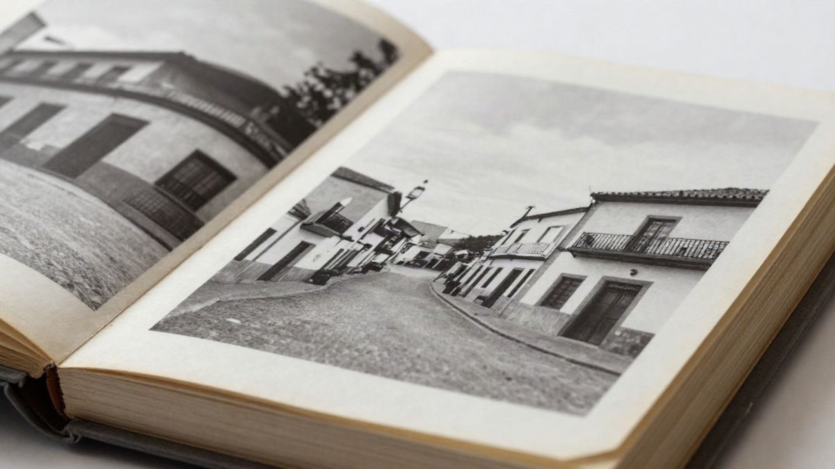 Imagen ilustrativa: primer plano de un álbum de fotos antiguas abierto con imágenes en blanco y negro de una pequeña población
