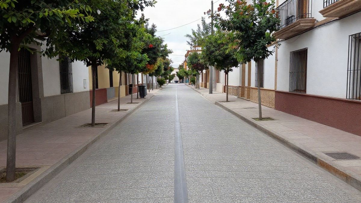Imagen ilustrativa: calle estrecha con pavimento de granito y árboles jóvenes en una acera