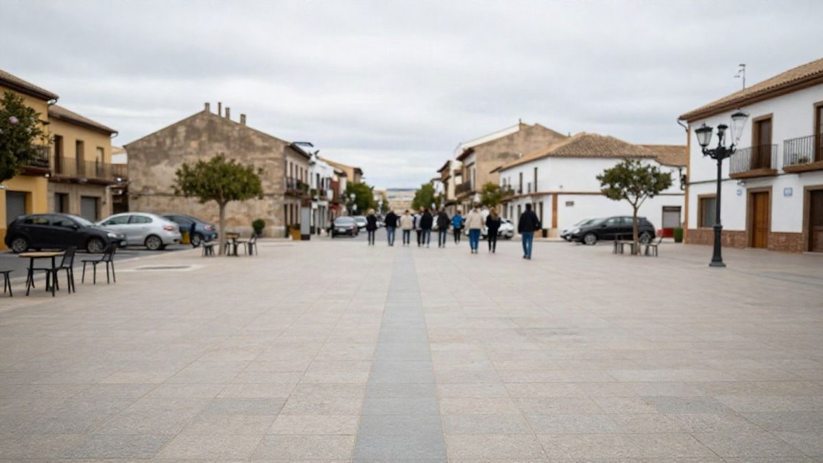 Imagen ilustrativa: plaza pavimentada de un municipio con un grupo lejano de personas patinando de espaldas