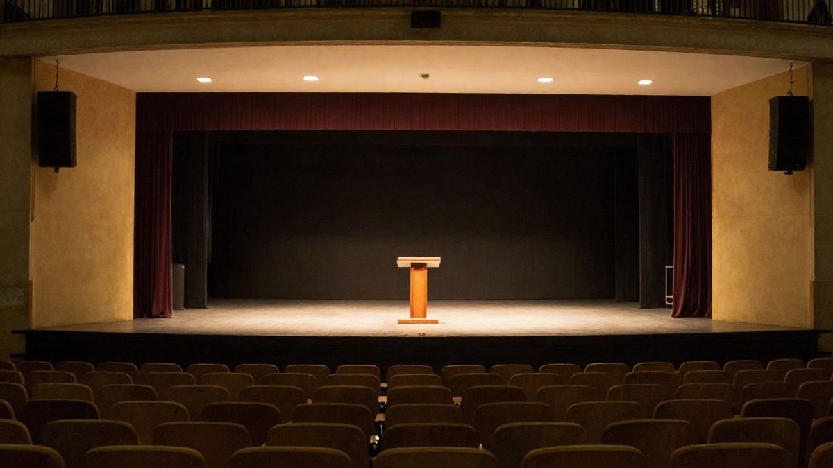 Imagen ilustrativa: escenario de un auditorio vacío con un atril y focos encendidos