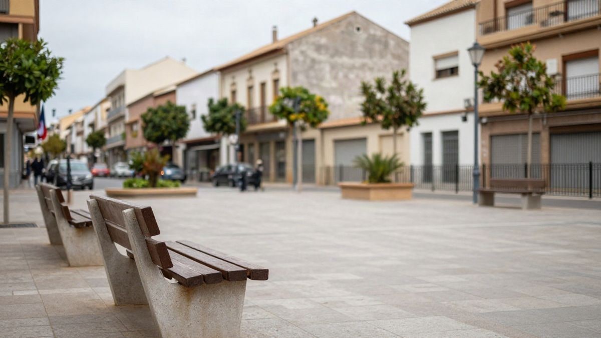 Imagen ilustrativa: una plaza urbana pequeña con bancos y arbolado en un barrio mediterráneo