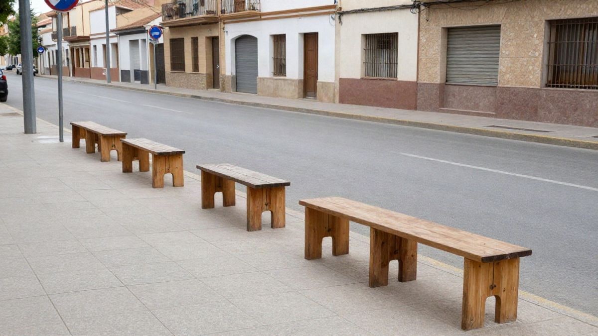 Imagen ilustrativa: bancos de madera alineados en una acera junto a una parada de autobús