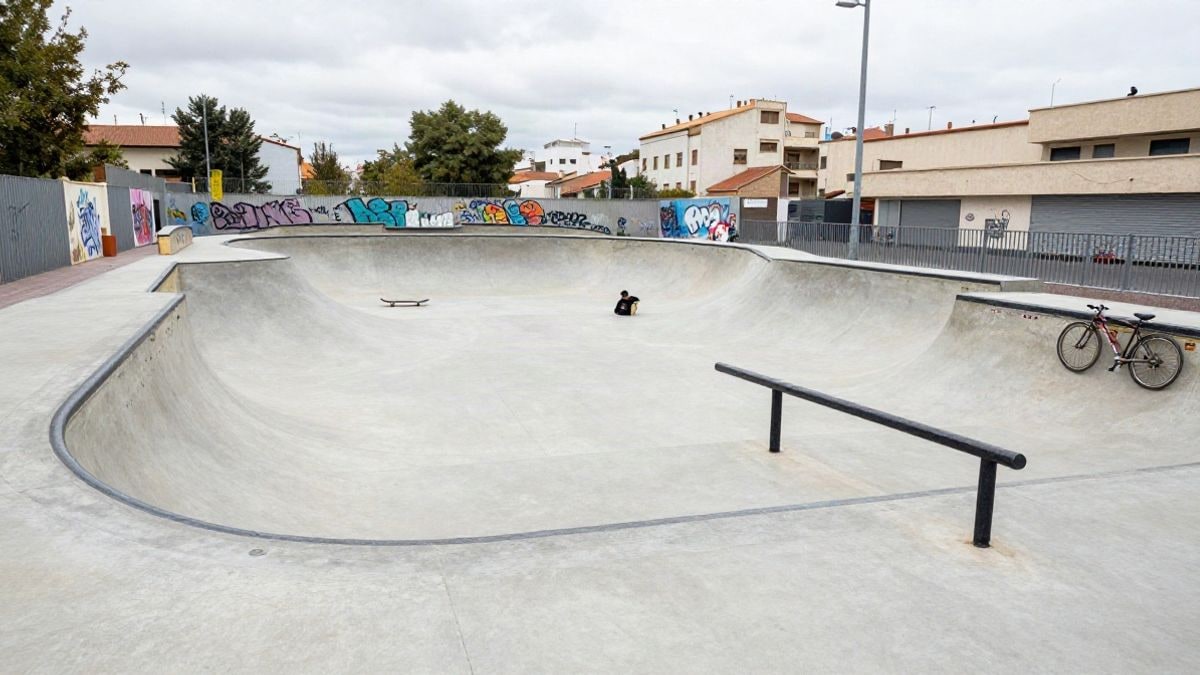 Imagen ilustrativa: un skatepark urbano vacío con rampas y una bicicleta BMX apoyada en una barandilla, bajo un cielo nublado.