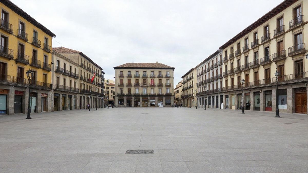 Imagen ilustrativa: gran angular de una plaza pública vacía con edificios históricos y líneas que convergen