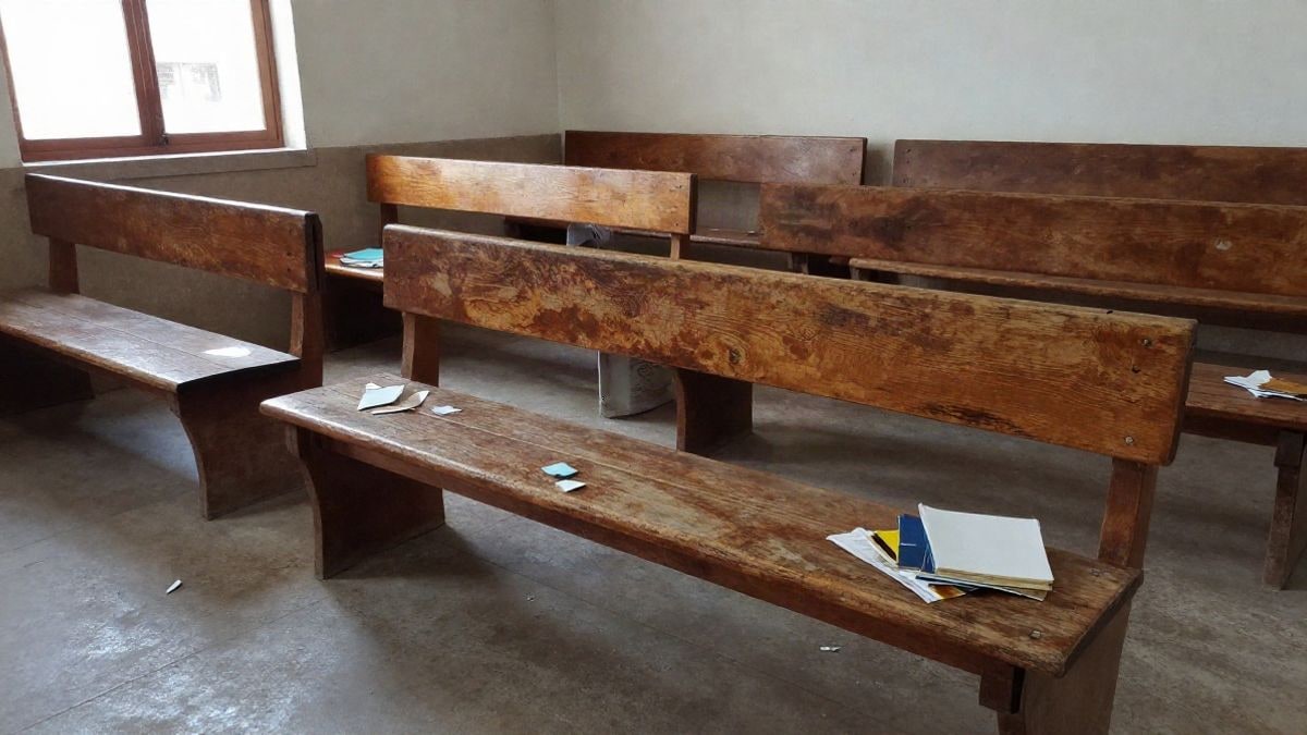 Imagen ilustrativa: detalle de bancos de madera y materiales en una sala comunitaria