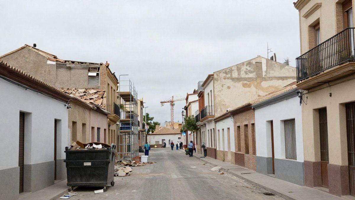 Imagen ilustrativa: un barrio residencial con varios bloques de pisos, una grúa y andamios junto a un contenedor de obra, con tejados de fibrocemento en proceso de retirada.