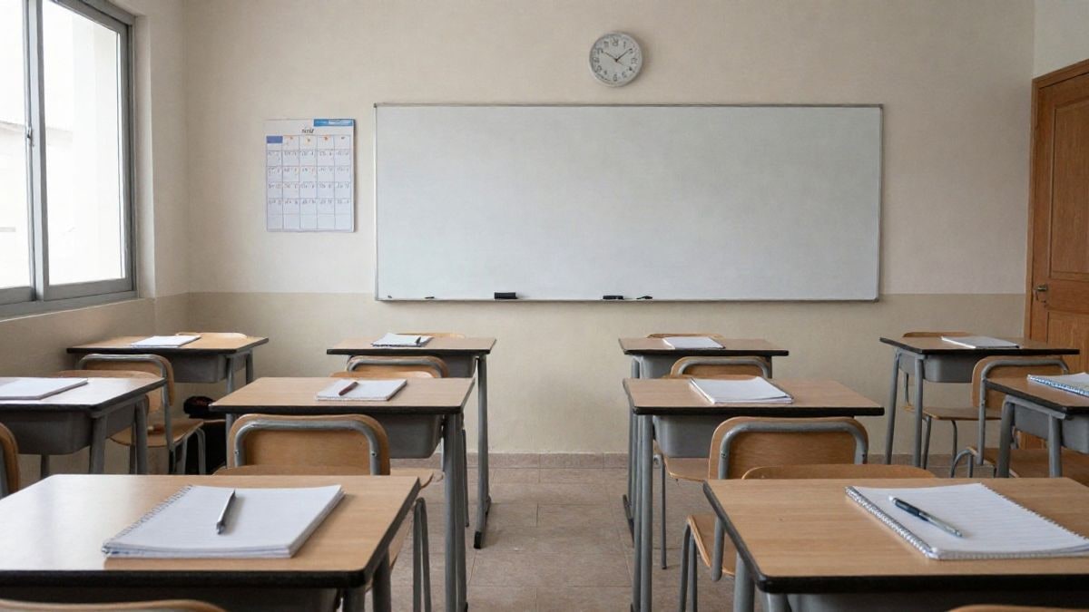 Imagen ilustrativa: un aula vacía con pupitres y pizarra en un centro de formación de adultos.
