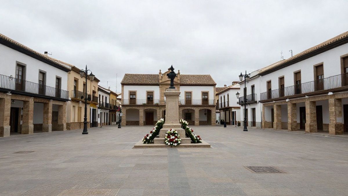 Imagen ilustrativa: una plaza de pueblo con un monumento con flores en la base y algunos asistentes de espaldas