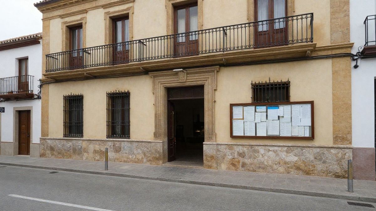 Imagen ilustrativa: fachada de un edificio institucional con un tablón de anuncios vacío en una calle de Rubí.