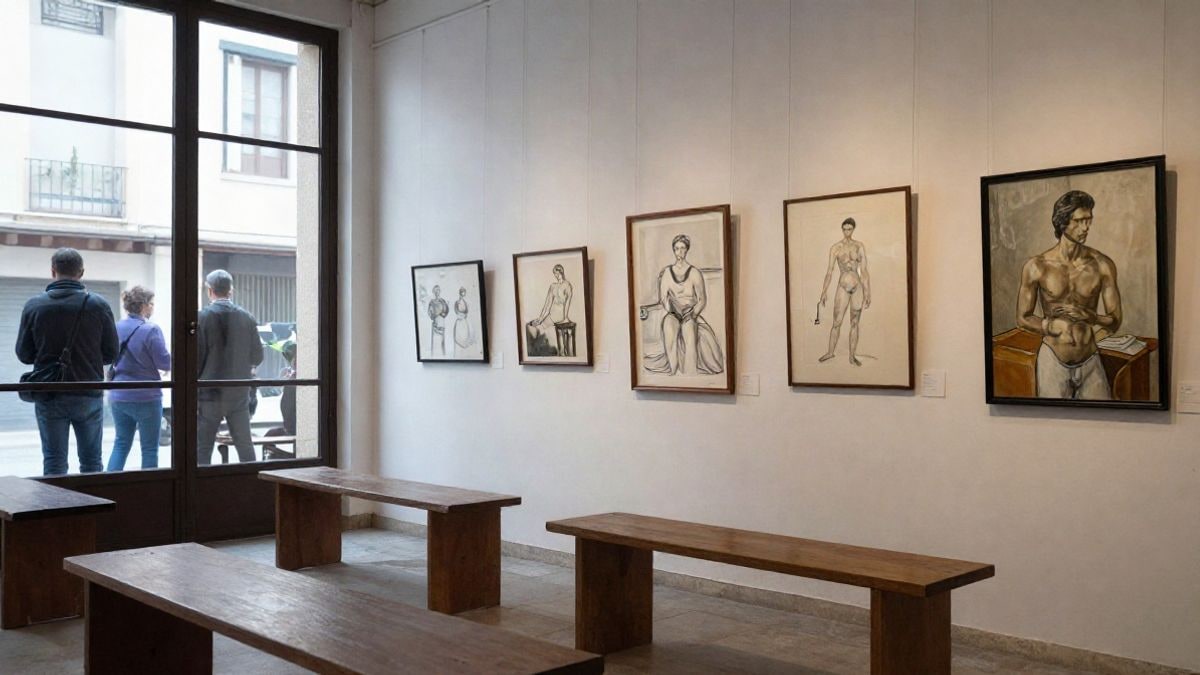 Imagen ilustrativa: sala de exposiciones con dibujos enmarcados y luz lateral de ventana