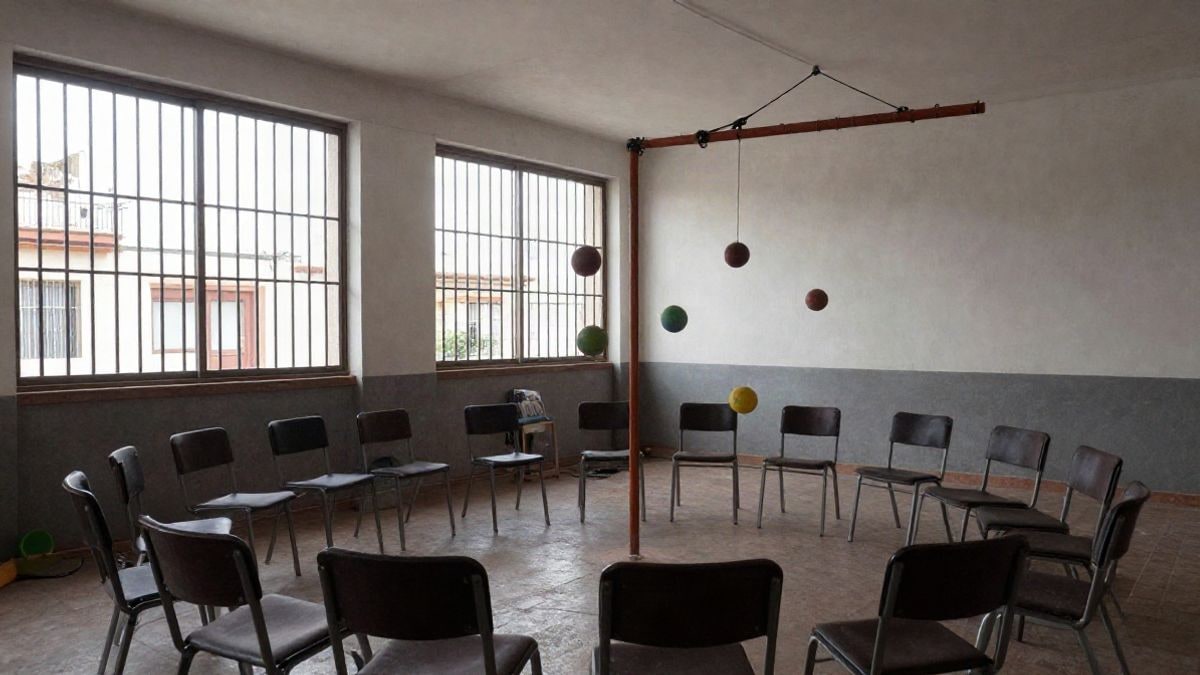 Imagen ilustrativa: interior de una sala de talleres con material de circo y sillas dispuestas en círculo