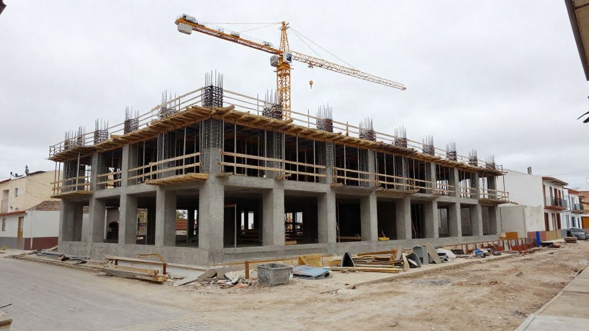 Imagen ilustrativa: obras de construcción de un edificio escolar con grúa y materiales en un solar.