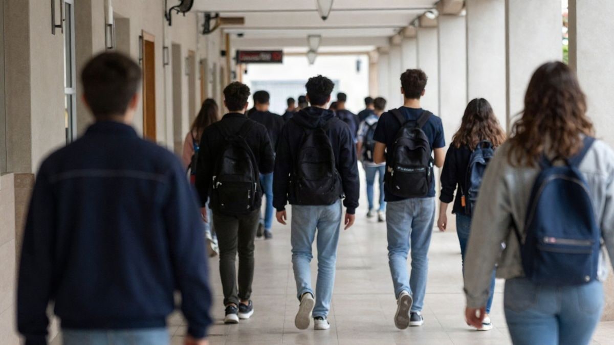 Imagen ilustrativa: pasillo de un instituto español con alumnos de espaldas, luz natural diurna.