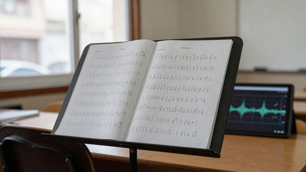 Imagen ilustrativa: primer plano de un atril con partituras en braille y una tableta con una onda de seguimiento ocular en un aula de música