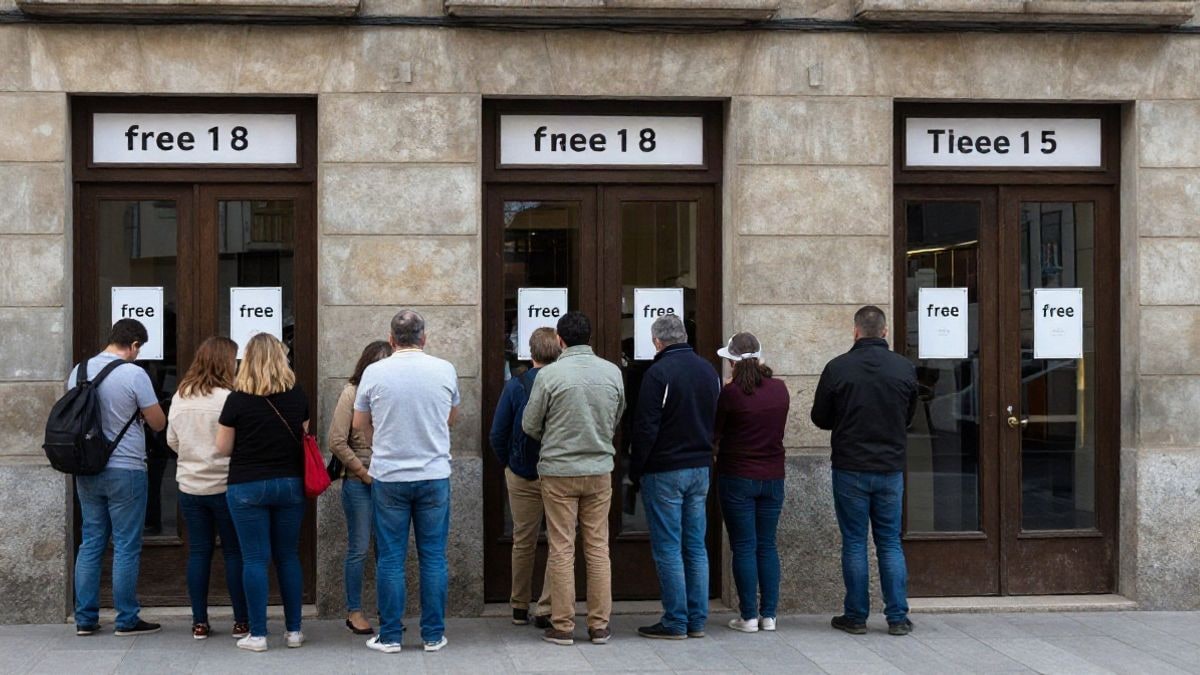 Imagen ilustrativa: fila de personas de espaldas a la entrada de un museo con carteles de entrada gratuita