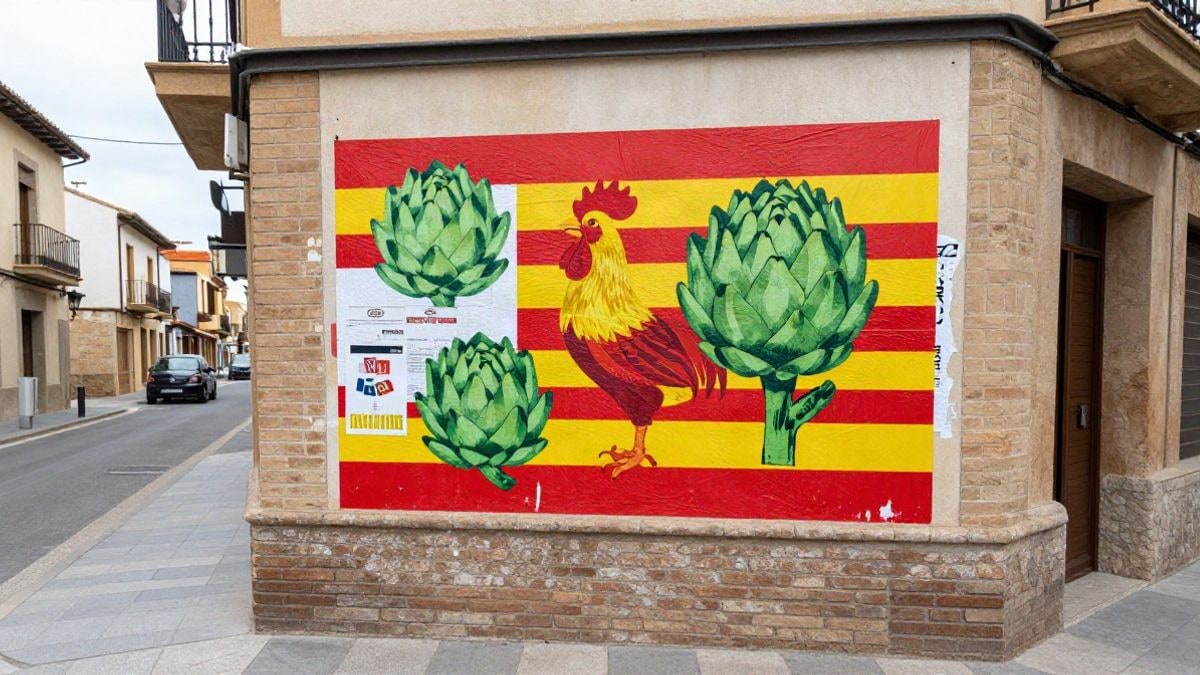 Imagen ilustrativa: un cartel de diseño con motivos de alcachofa y cresta de gallo pegado en una pared de ladrillo en una calle de pueblo.