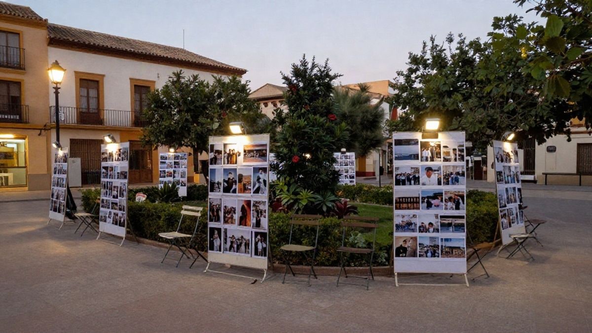 Imagen ilustrativa: exposición fotográfica al aire libre en el jardín de un centro cívico iluminado por focos