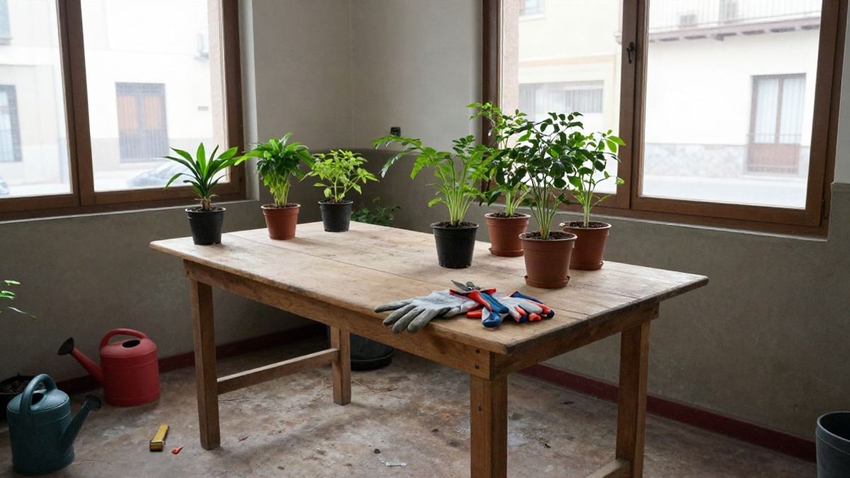 Imagen ilustrativa: interior de un taller de jardinería con guantes, tijeras de podar y pequeños plantones sobre una mesa