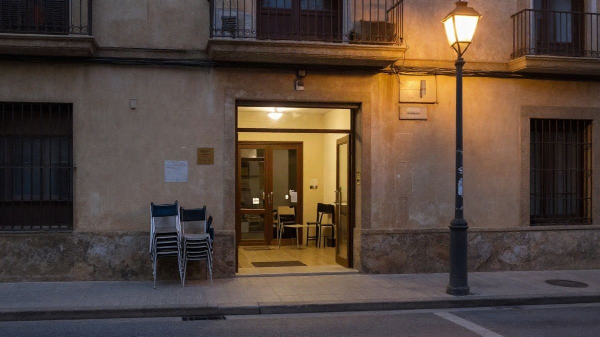 Imagen ilustrativa: entrada de un centro comunitario iluminada por la noche