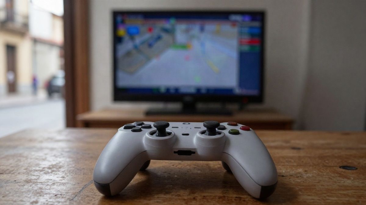 Imagen ilustrativa: detalle de un mando de videojuegos sobre una mesa de madera con una pantalla desenfocada al fondo