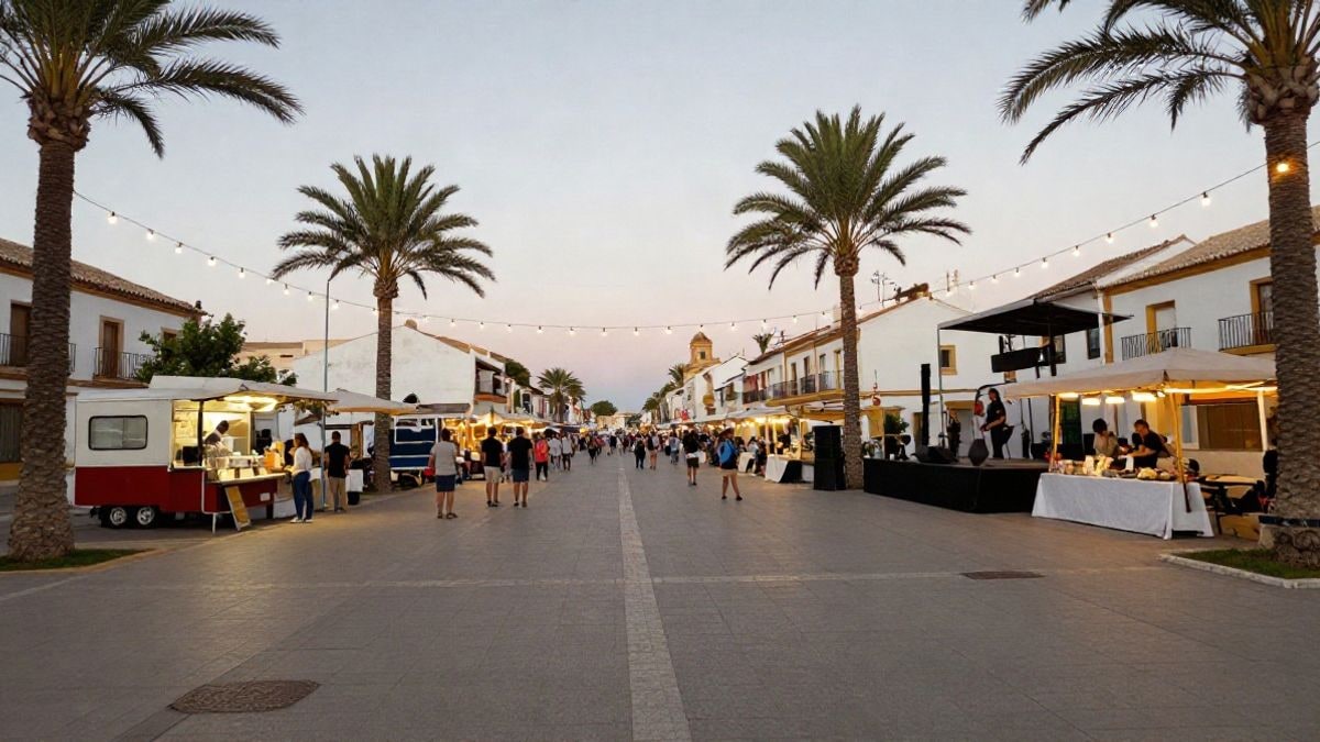 Imagen ilustrativa: plaza con palmeras, luces y puestos de mercado al aire libre