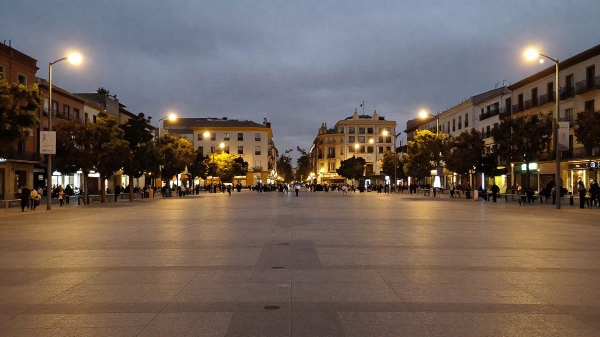 Imagen ilustrativa: plaza pública vacía iluminada por farolas y focos durante la noche, sin personas ni elementos identificables