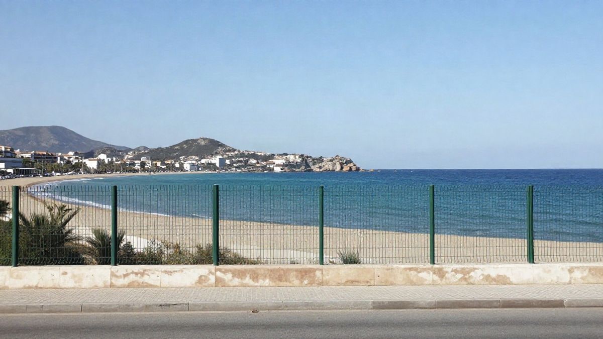 Imagen ilustrativa: vista genérica de la costa mediterránea con una valla fronteriza al fondo, bajo un cielo nublado.