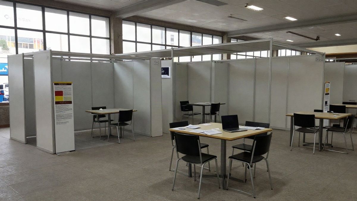 Imagen ilustrativa: interior de un recinto ferial con estands vacíos y mesas, sin personas