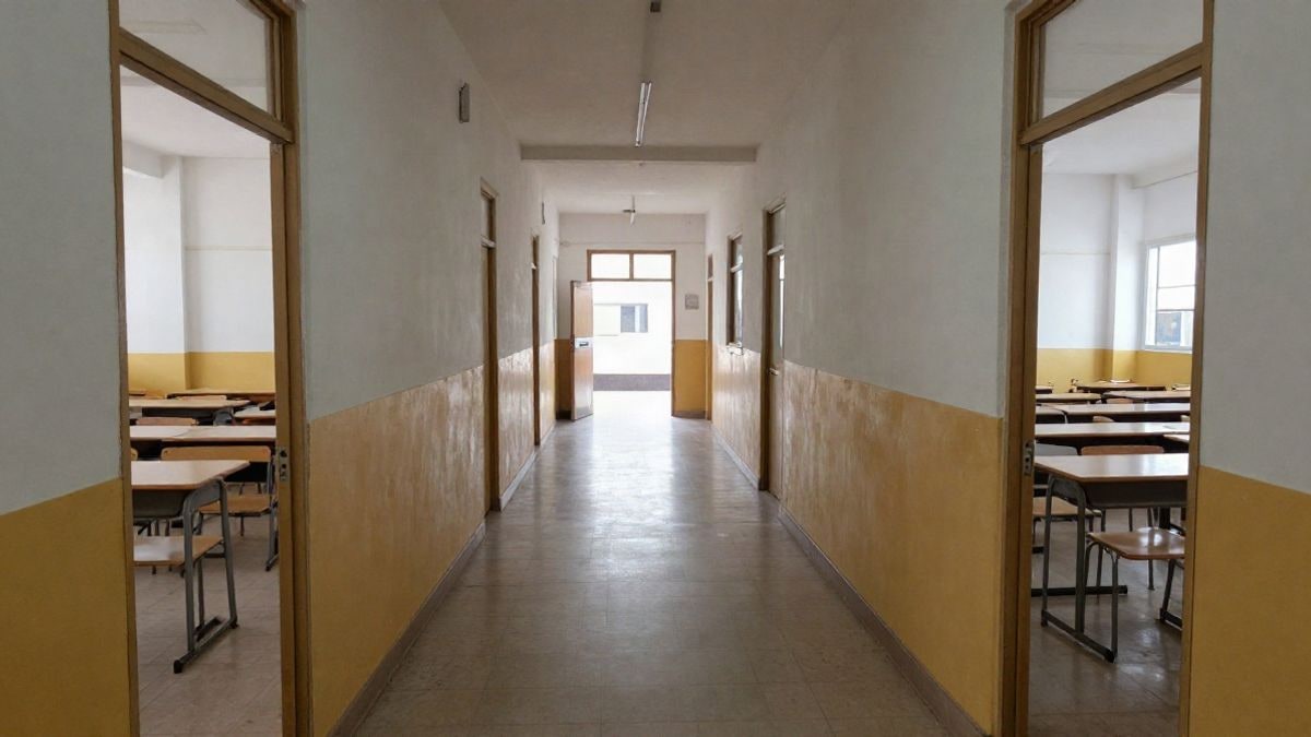 Imagen ilustrativa: pasillo vacío de un centro escolar con aulas a ambos lados y luz natural al fondo