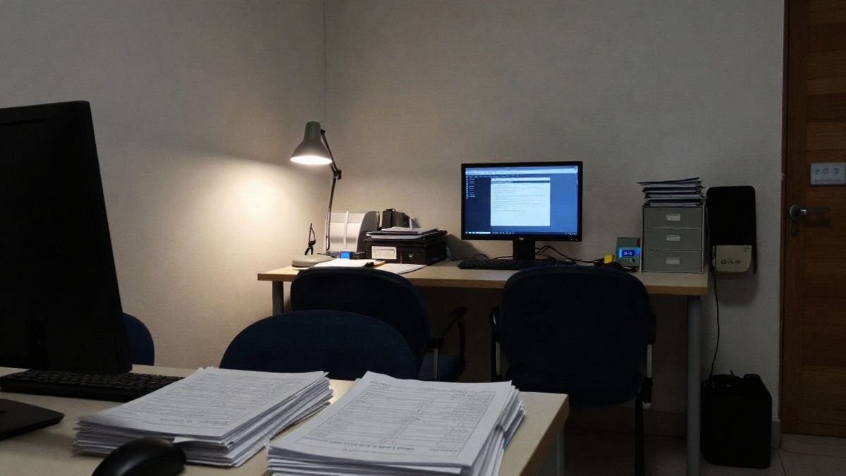 Imagen ilustrativa: oficina municipal vacía de noche con una lámpara encendida y formularios en una mesa