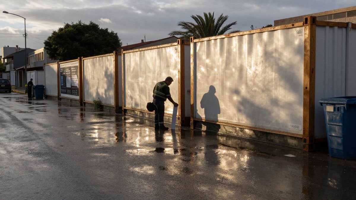Imagen ilustrativa: siluetas de operarios colocando vallas en una calle junto a contenedores al atardecer
