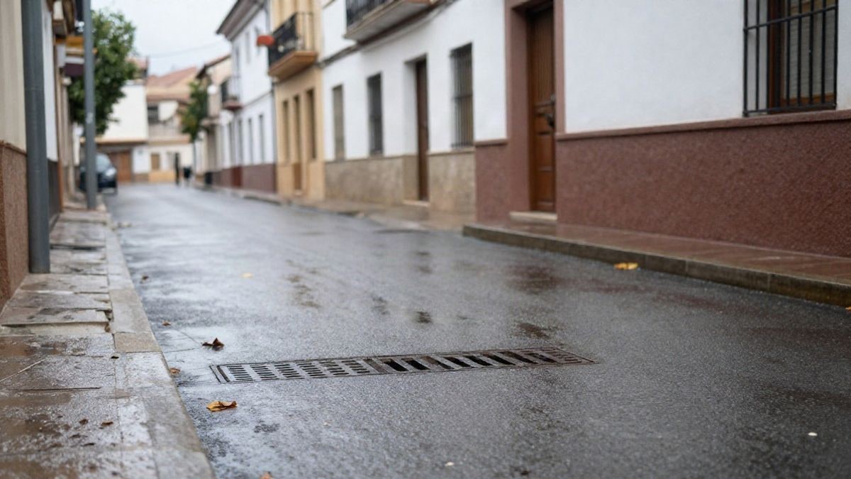 Imagen ilustrativa: calle residencial mojada tras la lluvia con hojas y una rejilla de alcantarilla