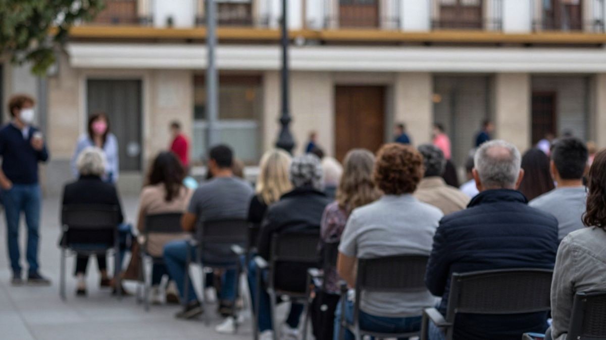 Imagen ilustrativa: grupo de personas mayores de espaldas en una plaza porticada durante una celebración