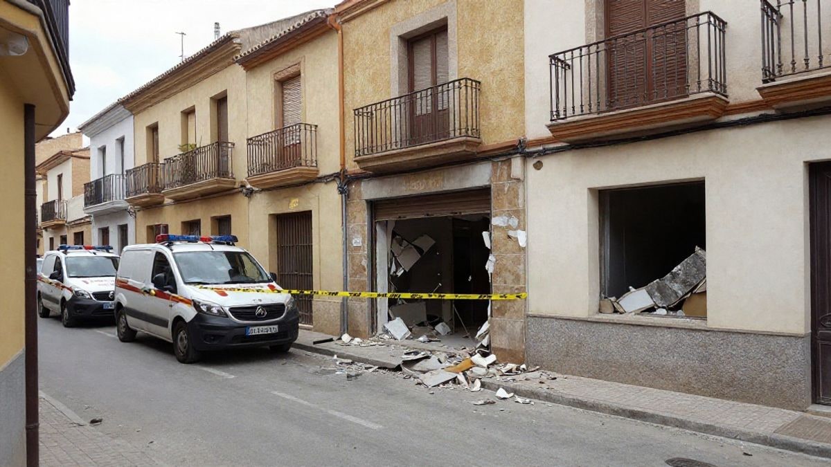 Imagen ilustrativa: calle con fachadas de edificios y cinta policial frente a un local con daños por explosión.