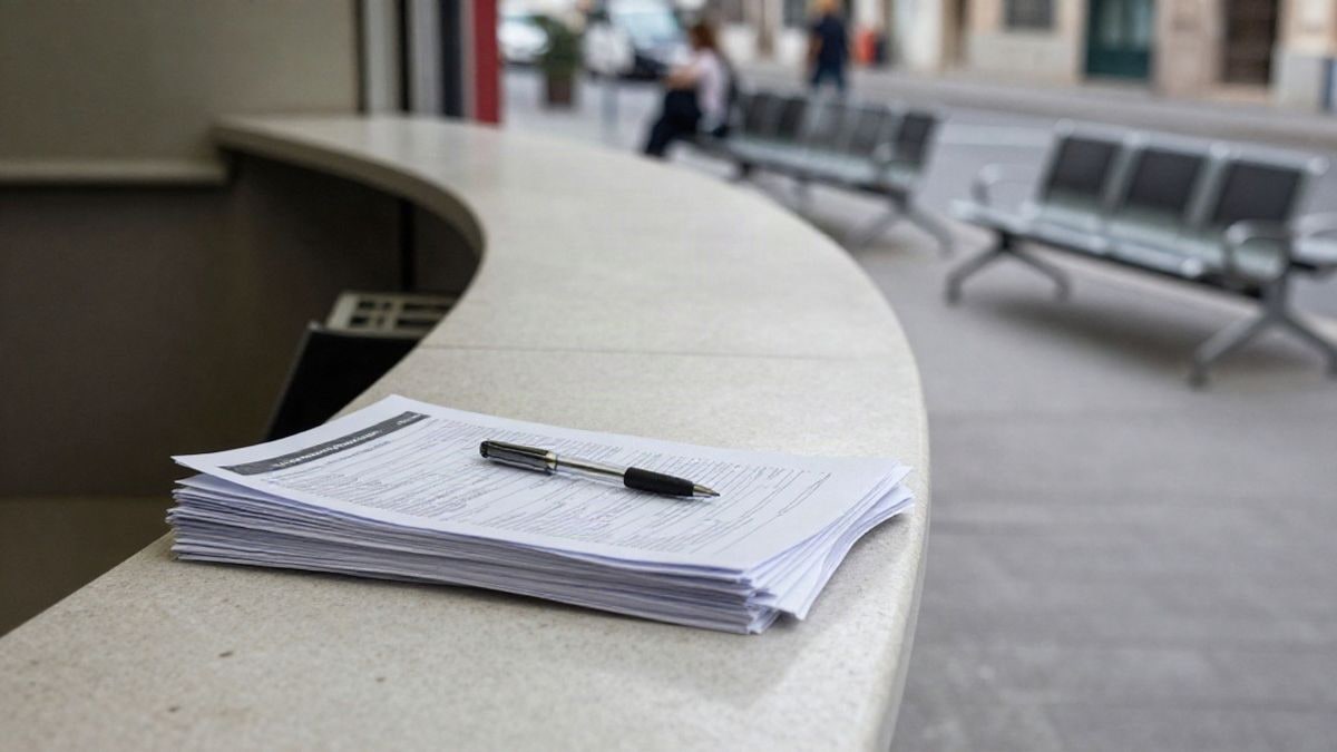 Imagen ilustrativa: mostrador de oficina municipal con formularios de solicitud y bolígrafo, con sillas vacías al fondo