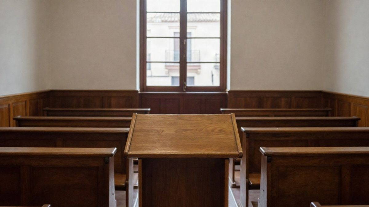 Imagen ilustrativa: atril vacío en una sala de plenos de un ayuntamiento histórico