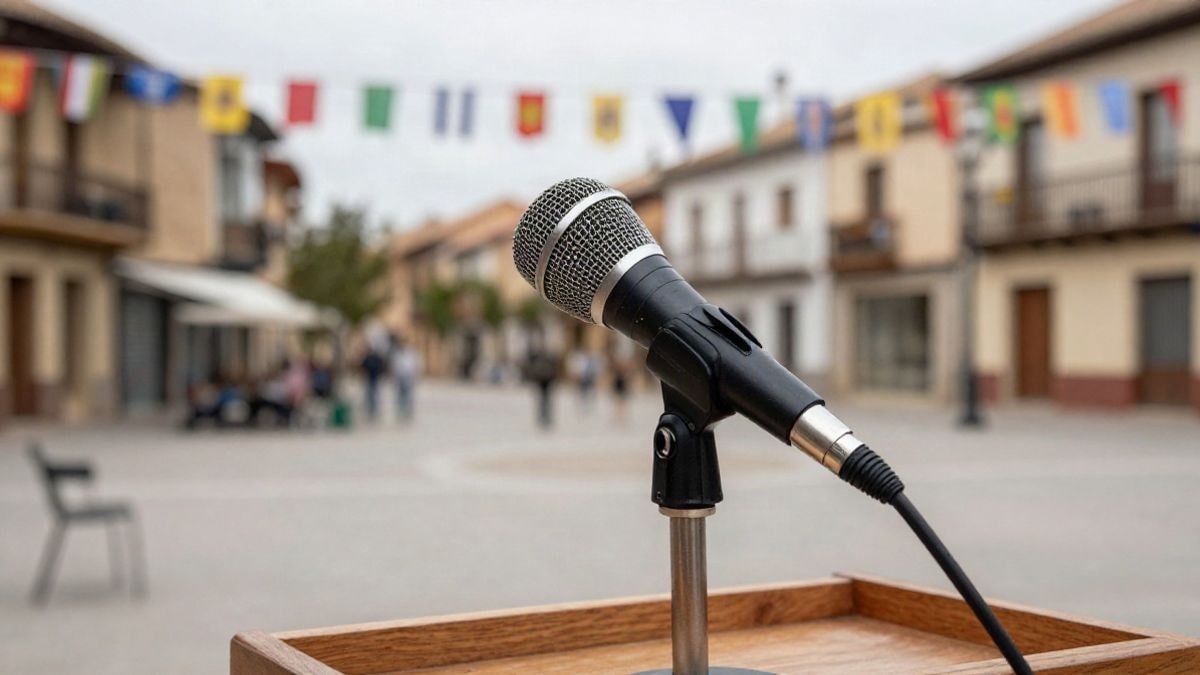 Imagen ilustrativa: un micrófono antiguo sobre un atril de madera, con un fondo desenfocado de decoración festiva en una plaza.