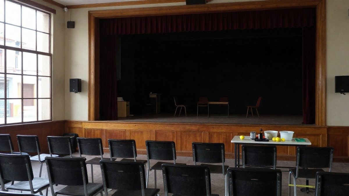 Imagen ilustrativa: interior de una sala de teatro comunitaria con luz lateral y una mesa con objetos de cocina