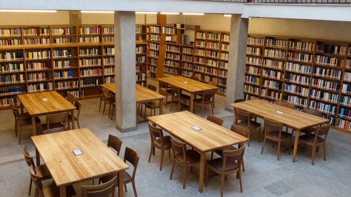 Imagen ilustrativa: vista cenital de una sala de lectura de biblioteca con mesas y estanterías