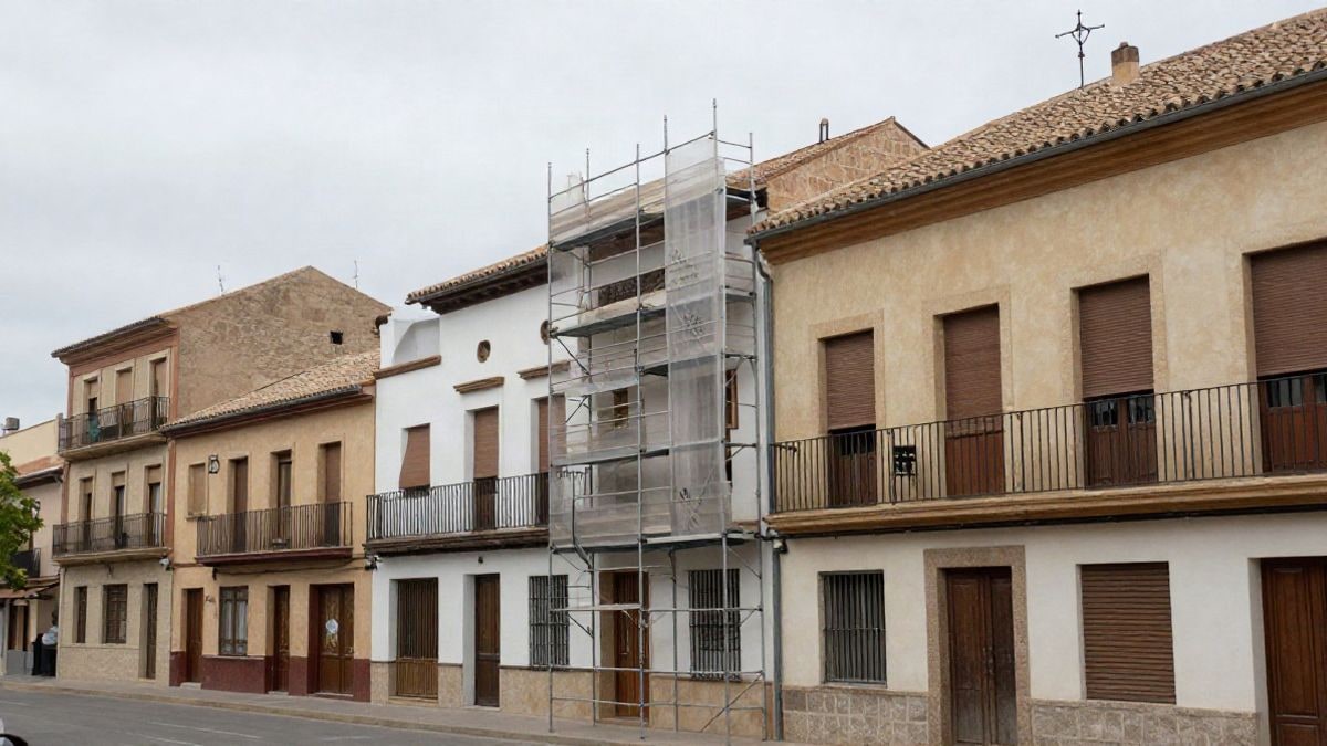 Imagen ilustrativa: edificios residenciales antiguos con andamios en una calle ordinaria