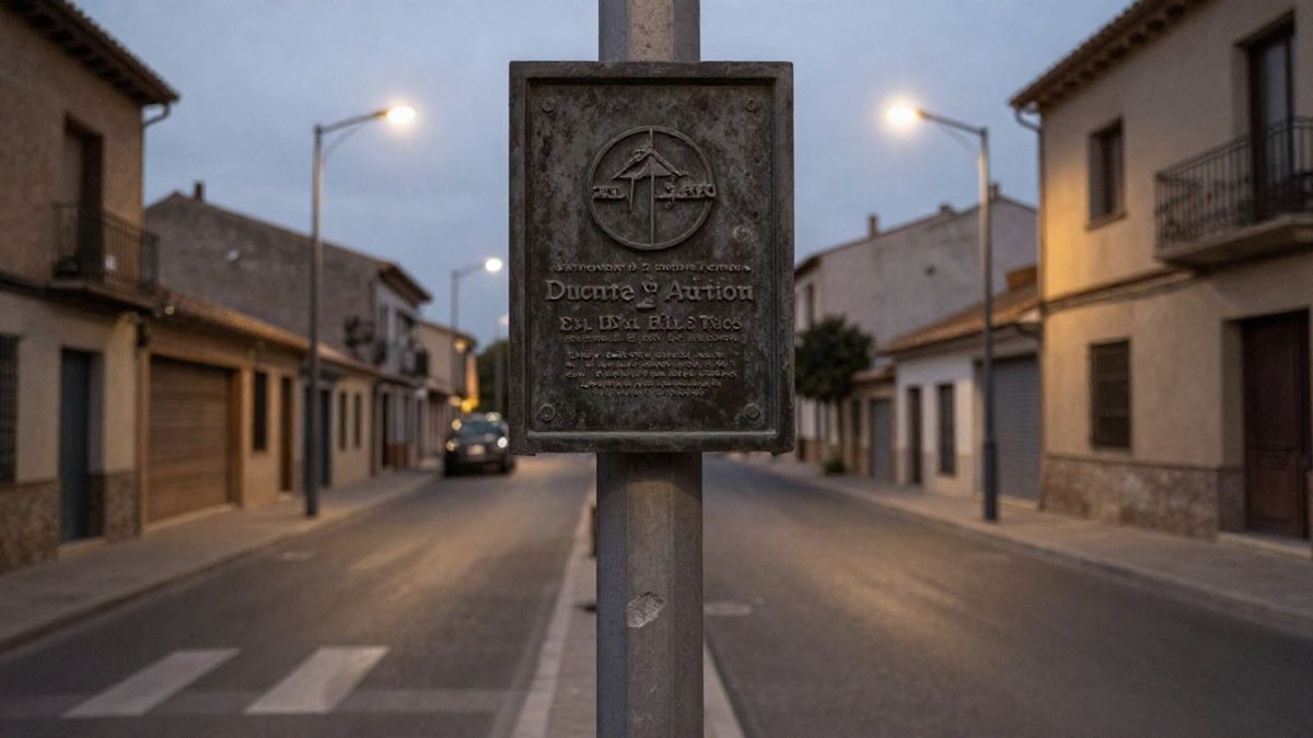 Imagen ilustrativa: una placa conmemorativa en una esquina de calle iluminada por farolas