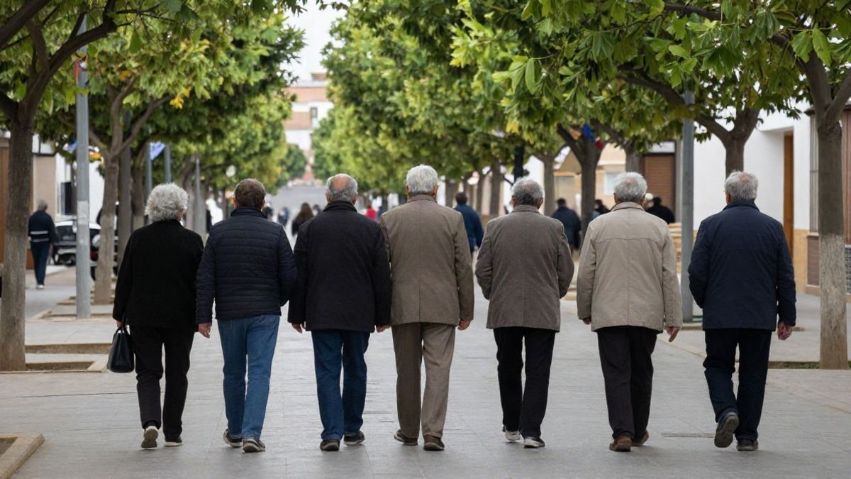 Imagen ilustrativa: grupo de personas mayores caminando por una ruta arbolada, vistas de espaldas a lo lejos.
