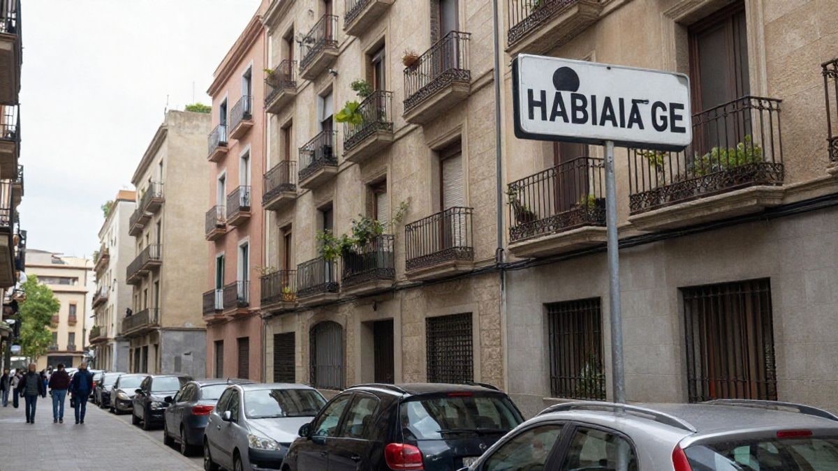 Imagen ilustrativa: edificios de vivienda social en una calle de Barcelona, con balcones y algunos coches aparcados.