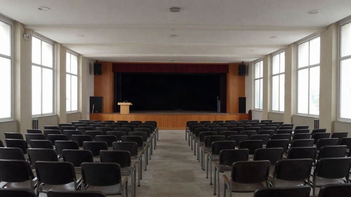 Imagen ilustrativa: un auditorio municipal vacío con sillas y un atril, iluminado por luz natural de ventanas laterales.