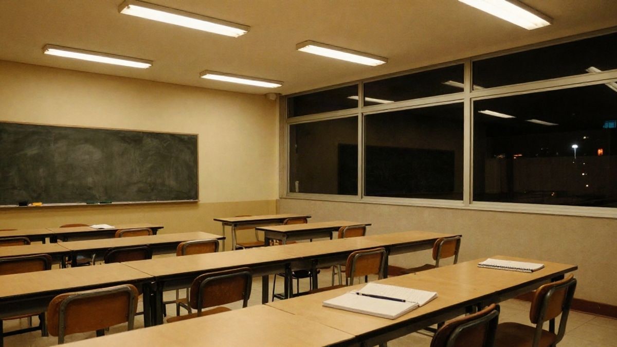 Imagen ilustrativa: aula de formación de adultos vacía con luz artificial nocturna y mesas de estudio